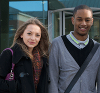 Students in front of the Newton building